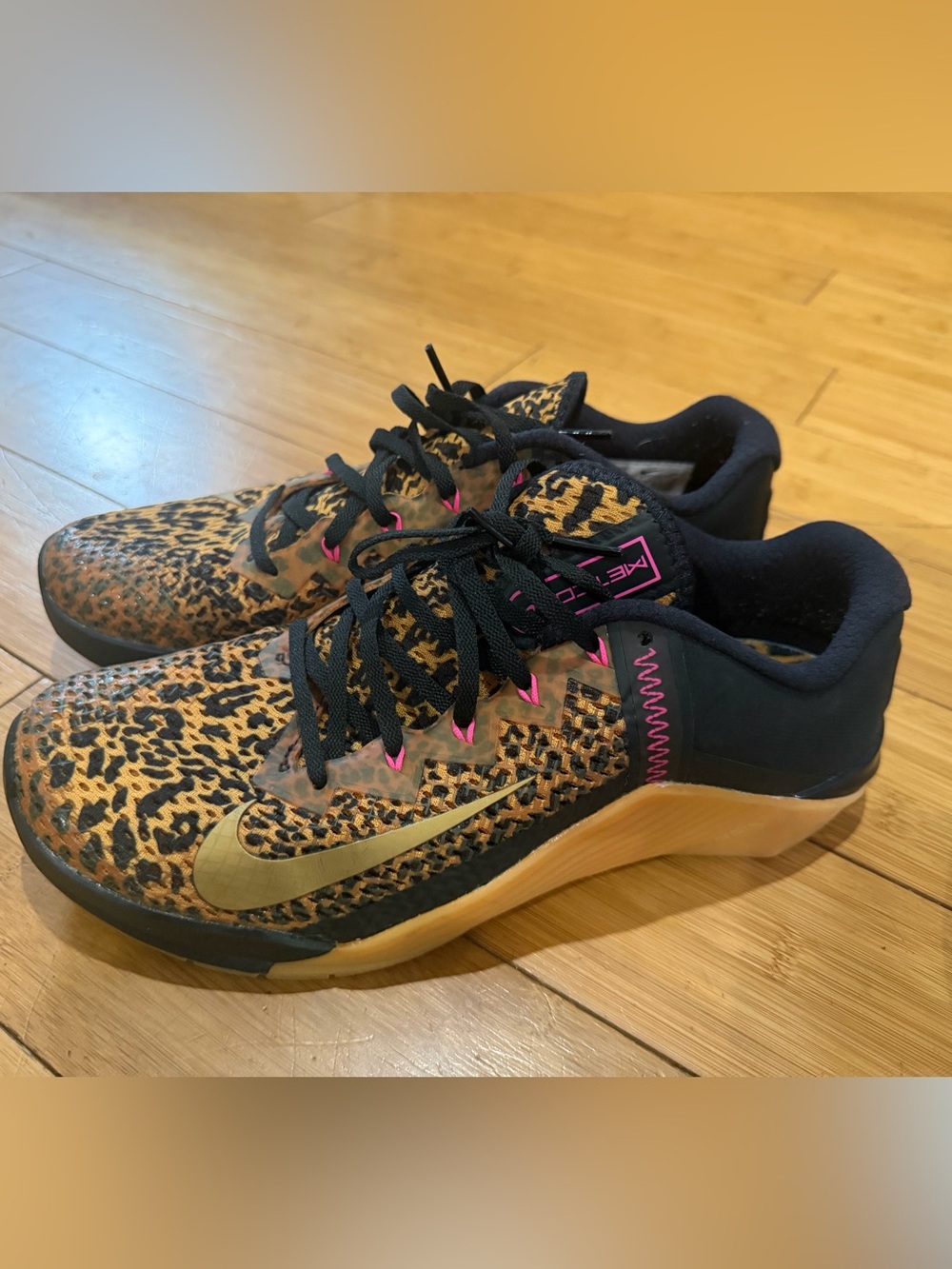Nike metcon6 Gold and Leopard Print Training Sneakers with Pink Accents